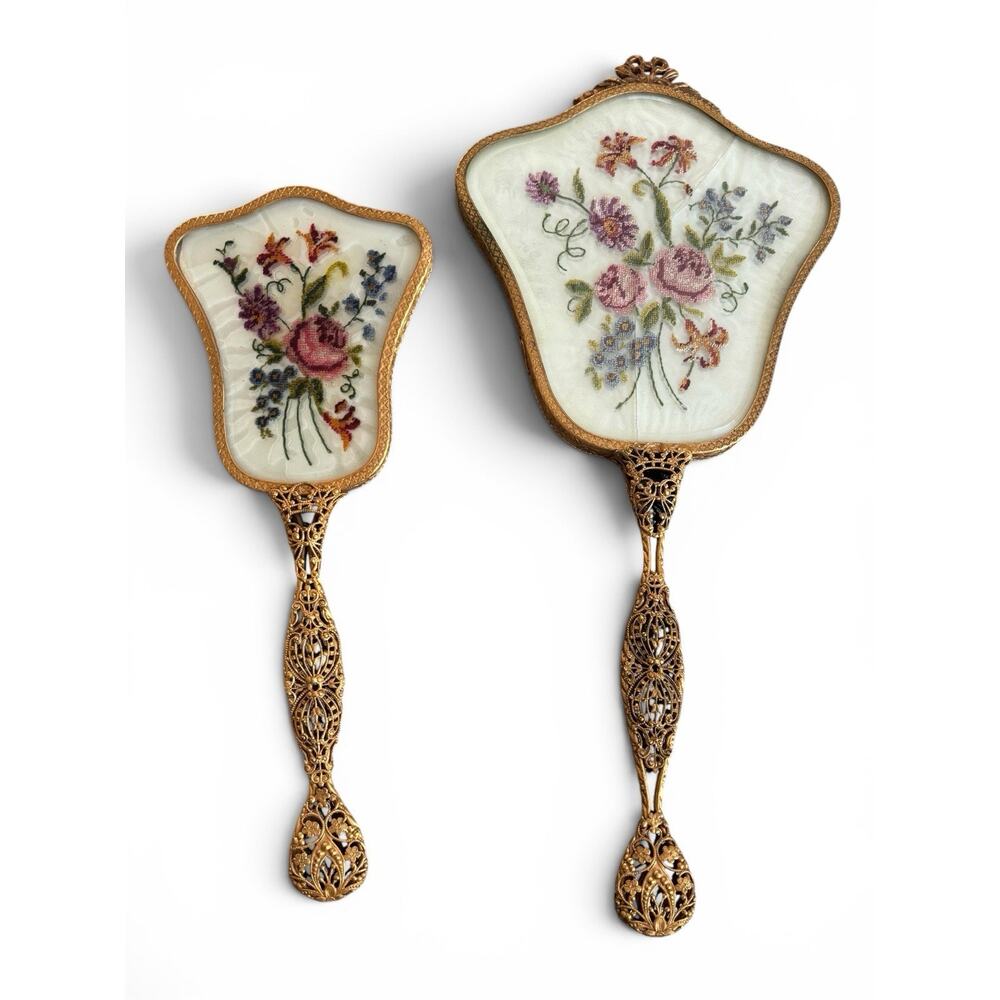 Vintage Floral Petit Point Vanity Set 14” Beveled Mirror Hair Brush Filigree*